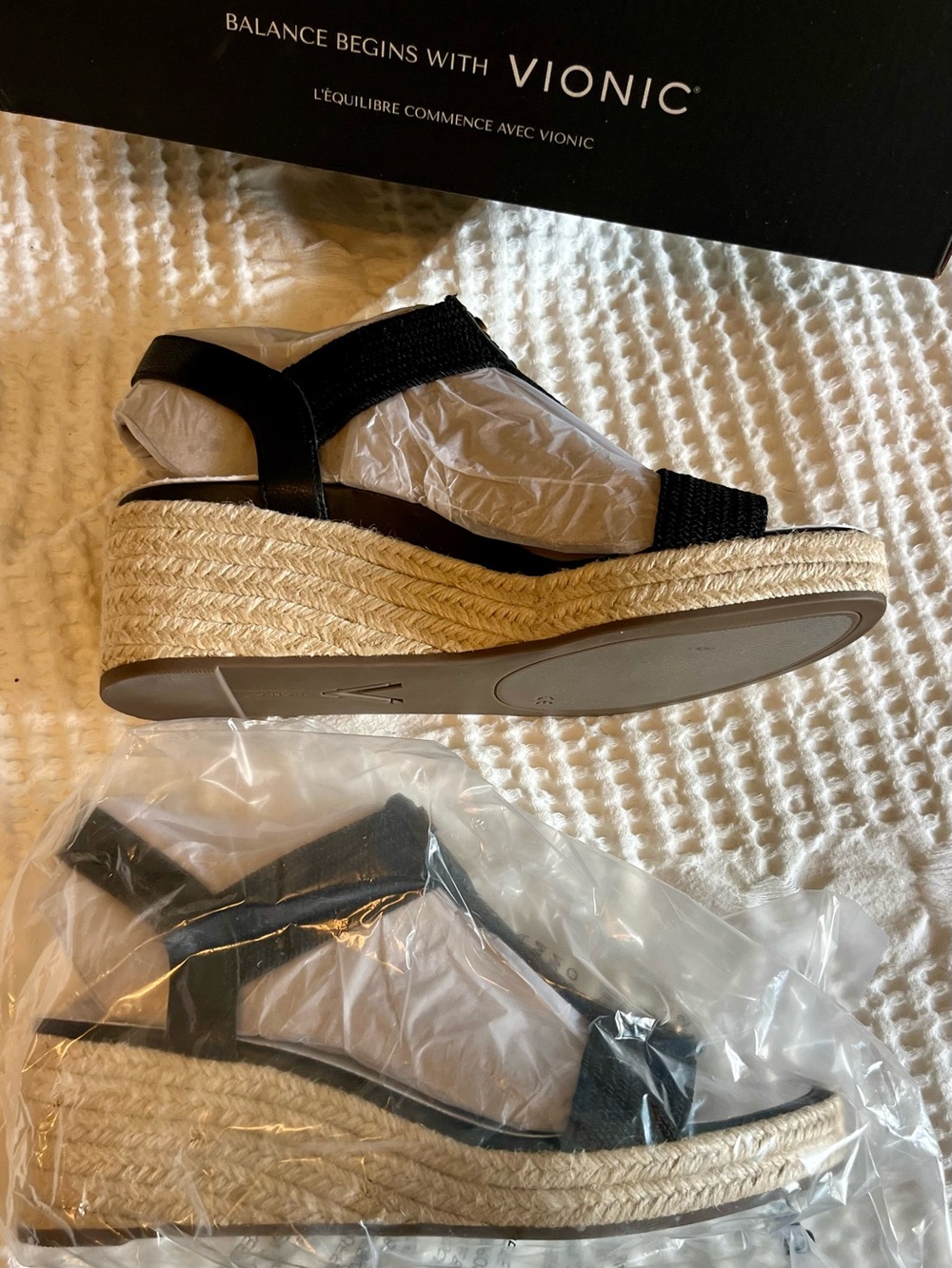 Vionic Black Espadrille Wedge Sandal with Jute Platform